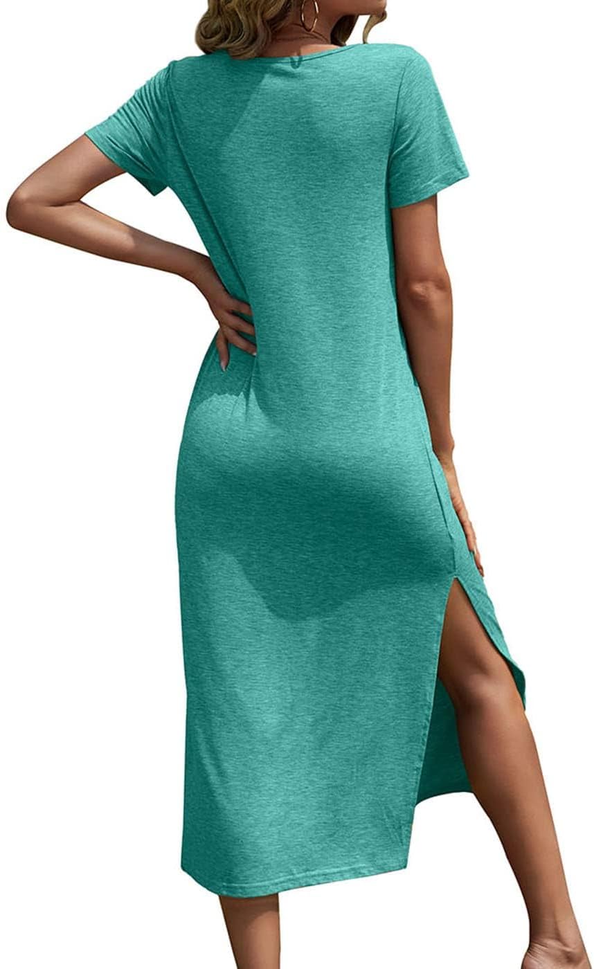 Dyexces Women Summer T Shirt Dress Casual Short Sleeve V Neck Maxi Dresses Loose Side Slit Long Tshirt Dress with Pockets - Image 3