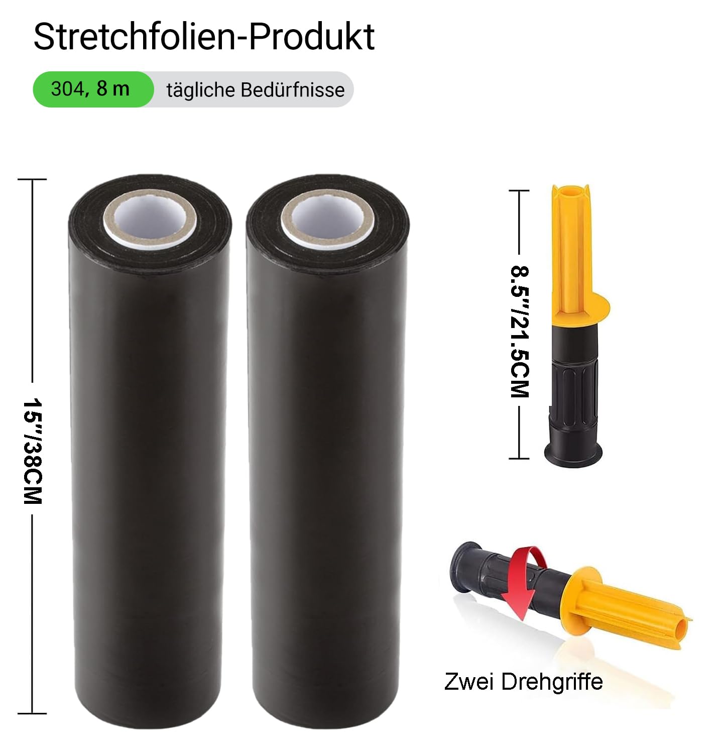 2 Rollen Schwarze Stretchfolie mit Griffen, 38,1 cm x 300 m, Schrumpffolie, Umzugsfolie, Lieferanten, 60 Gauge, Kunststofffolie für Palettenverpackung, Versand und Oberflächenschutz (A2)
