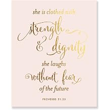 She Is Clothed With Strength And Dignity Gold Silver Rose Foil Print Script Bible Verse Proverbs 3125 Nursery Wall Art Religious Home Decor 8 inches x 10 inches B31 gold foil | pink paper
