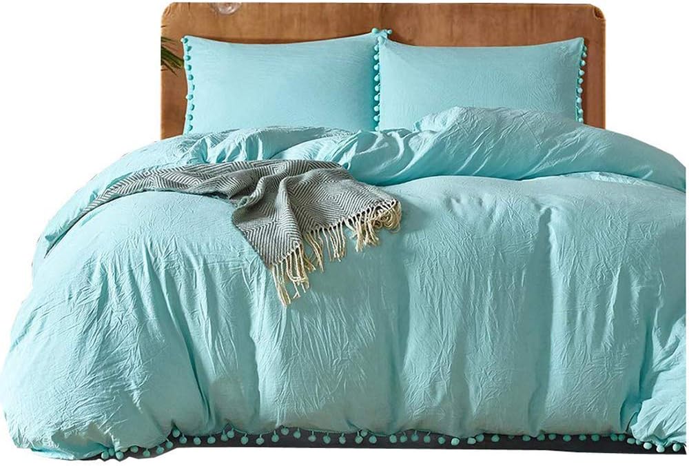 YEVEM Washed Cotton Full Queen 3 Piece Solid Aqua Blue Duvet Cover Set with Pom Pom Zipper Closure Simple Bedding Set(1 Comforter Cover 2 Pillowcases)