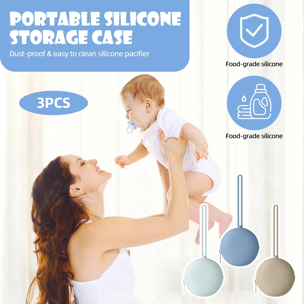 Boite a Sucette Bebe 3pcs Silicone Rangement Portable Impermeable sans BPA Voyage Gris fume Kaki Bleu