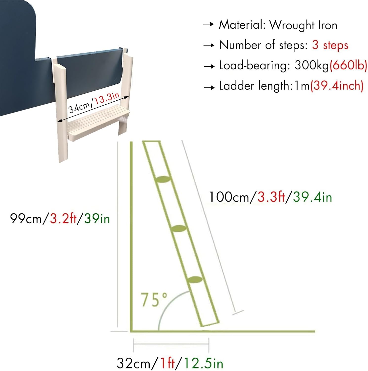 Black/White Only Metal Bunk Bed Ladder with Pine Pedals & 2 Hooks, HIGT Camper Ladder for Camping/Motorhome/Loft Dorm, Angled Safety Double Wooden Ladder (Color : White, Size : 1m/3.3ft/39.4