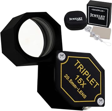 15x Magnifier Jewelry Loupe 20.5mm Triplet Lens Optical Glass Pocket Gem Magnifying Tool for Jeweler, Stamp Philatelist, Coin Numismatic, Achromatic Black Hexagonal Design Kit Set