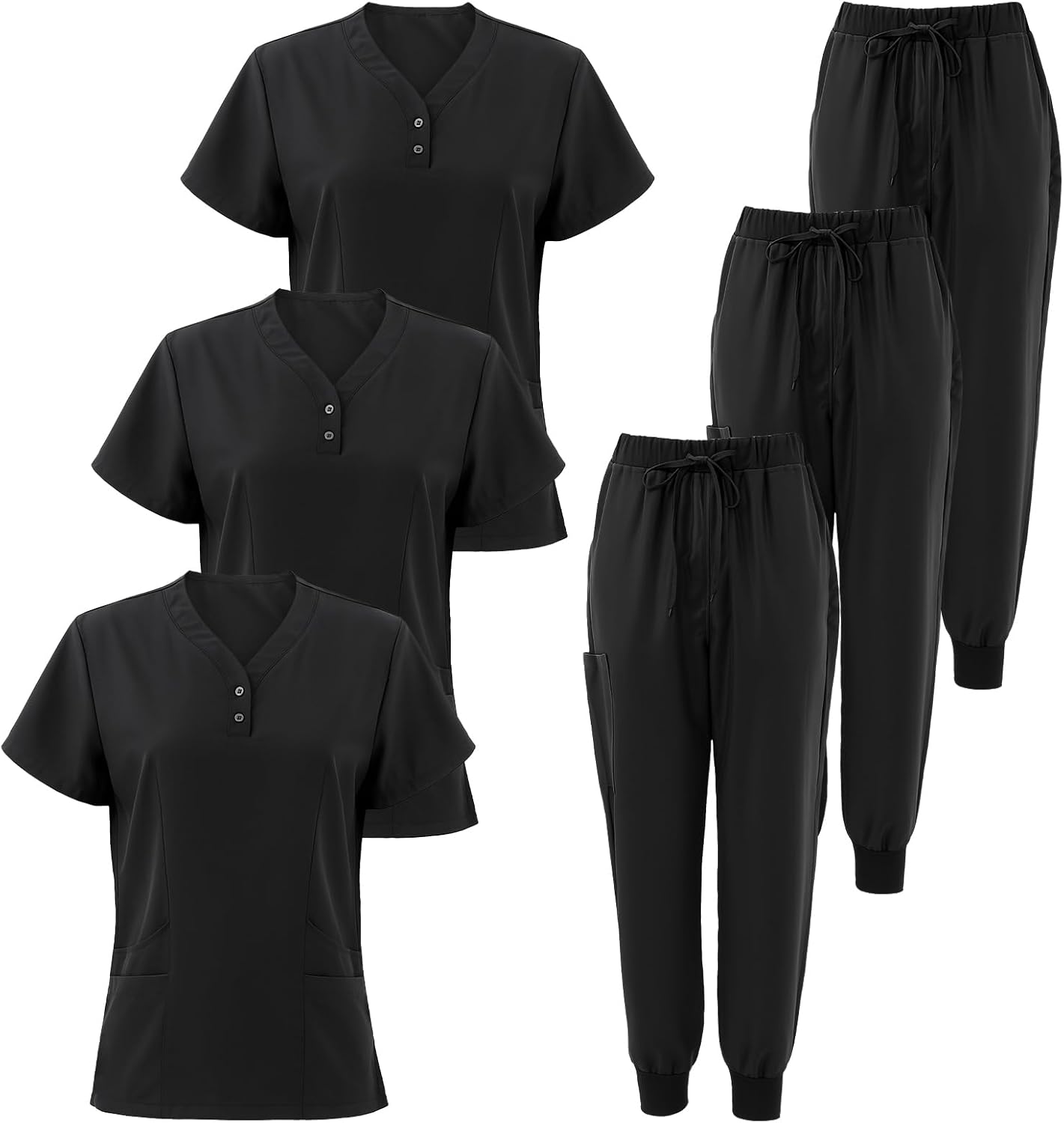 Shyyween 3 Set Scrub for Women V Neck Top Jogger Pant with 3 Pocket Mock Wrap Top Princess Seam for Nursing Home Hospital