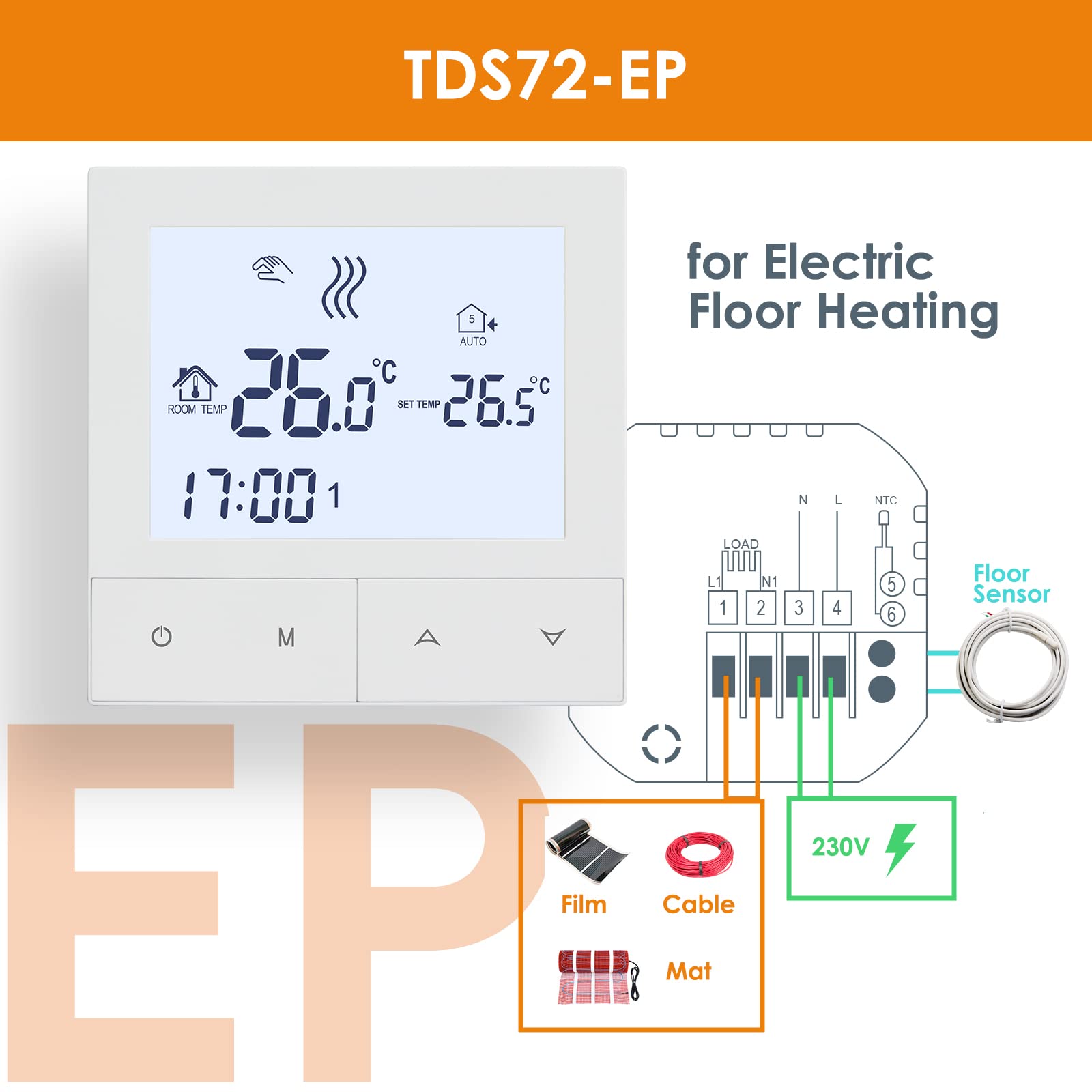 BEOK CONTROLS Elektryczny termostat grzewczy, termostaty pokojowe inteligentne programowalne tygodniowe cyfrowe do elektrycznego ogrzewania podłogowego TDS72-EP 16A