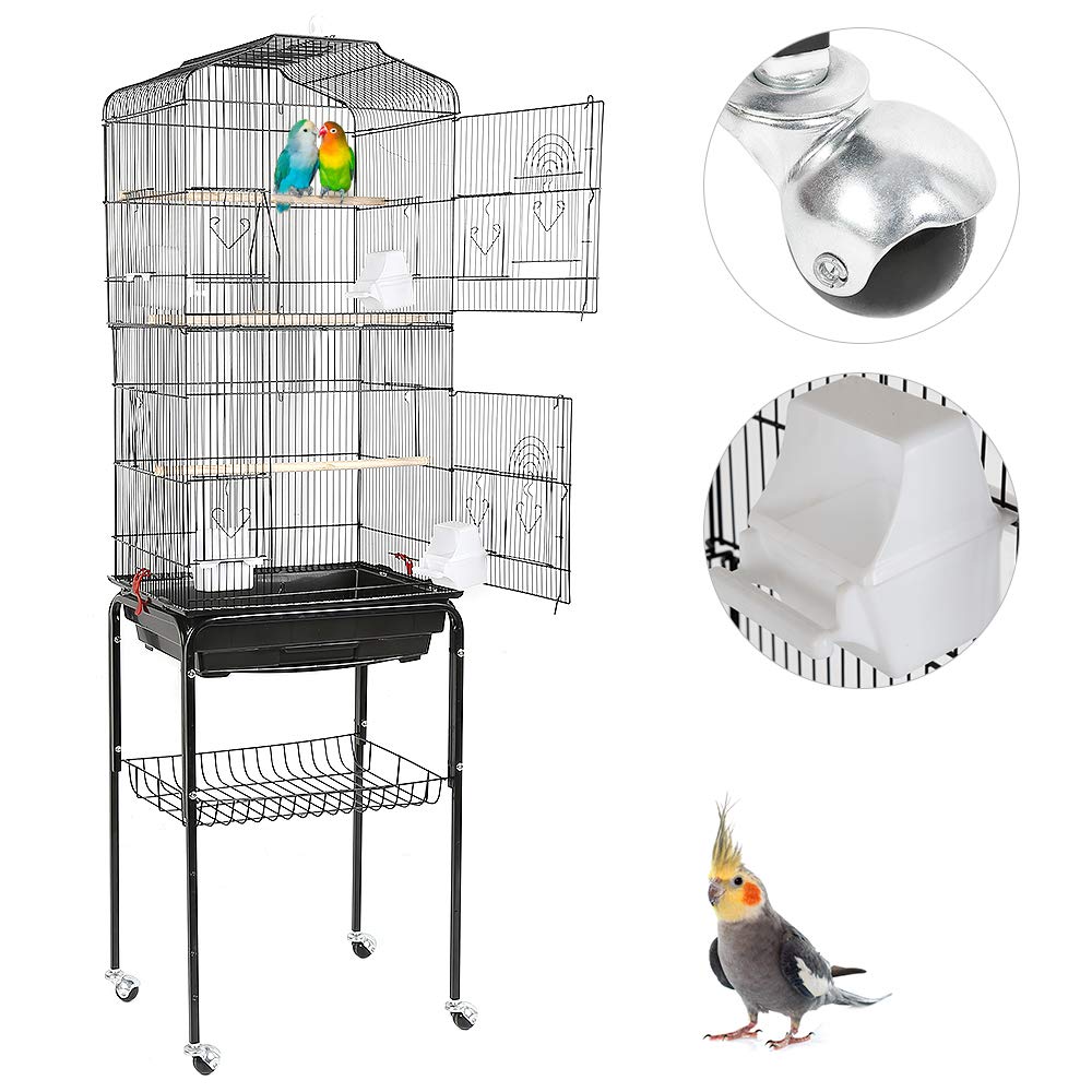 Jaula de pajarera para pájaros loros inseparables Calopsite con pedestal de metal de interior y exterior negro, jaula para loros, calopsitte, palomas (61,5 x 43 x 137 cm)
