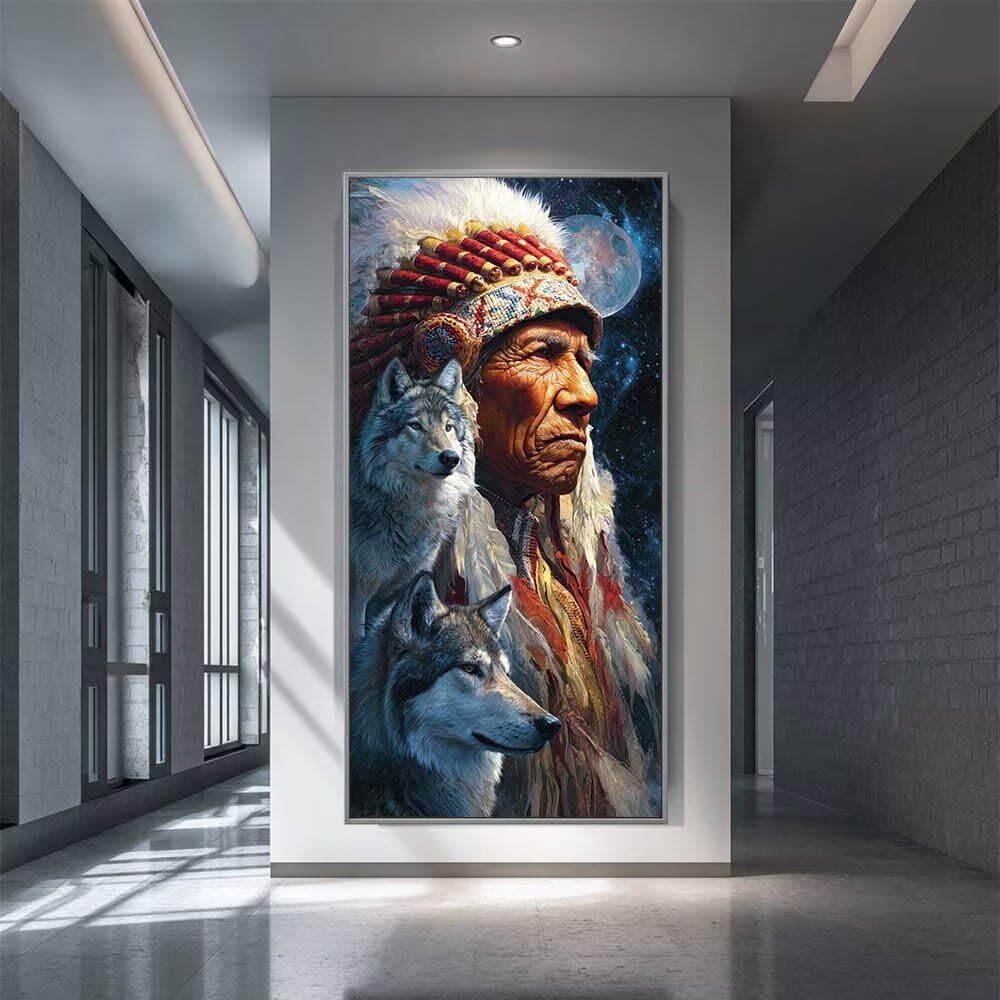 Diamond Painting Kits for Adults, 5D Diamond Art Native American 100x200cm, DIY Large Indian Elder and Wolf Dimond Art kits Adults, Crystal Rhinestone Embroidery Canvas for Home Wall Decor (RD998)