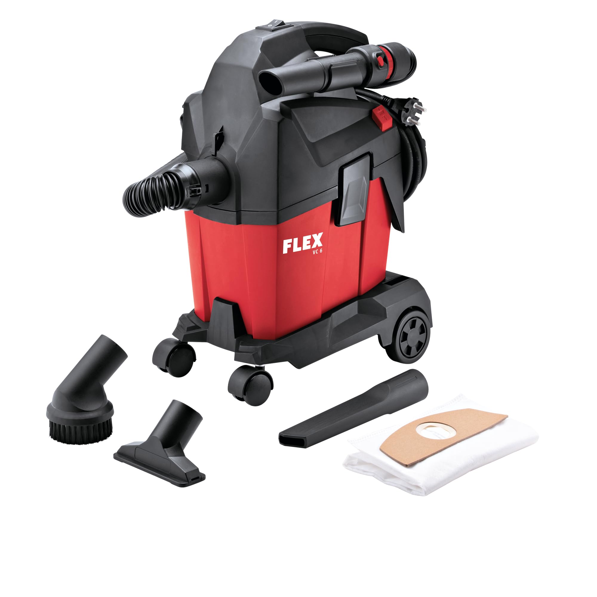 Flex Kompakt Sauger VC 6 L MC + Vliesfiltersäcke FS-F VC 6 (schwarz, rot, Kompakt Sauger mit manueller Filterabreinigung, 6 l, Klasse L, Werkstattsauger, Handwerkersauger) 532024