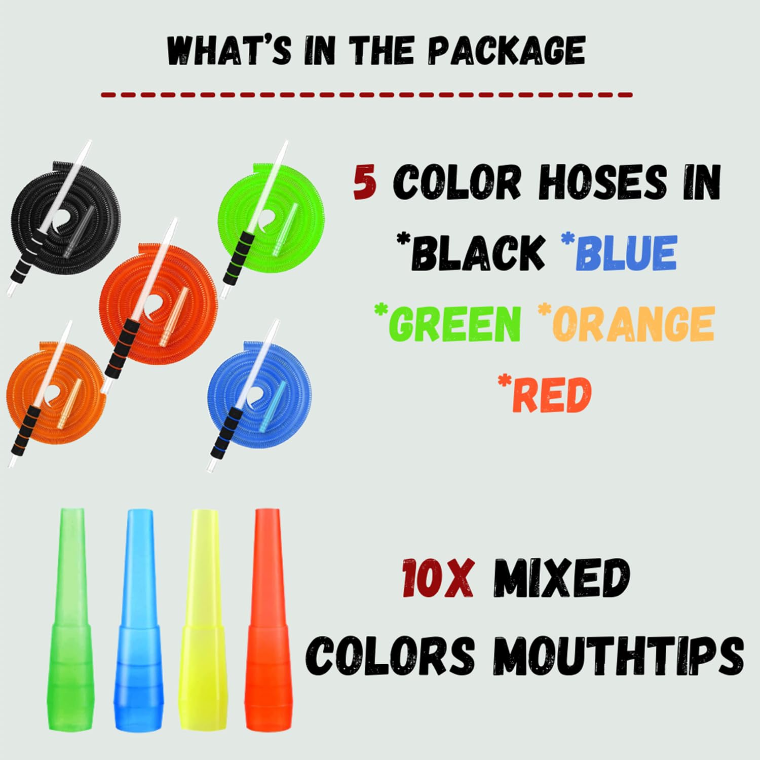 5Pcs Disposable Hookah Hose Set - 72'' Shisha Pipe with Glass Mouthpiece - Thick Washable & Durable Hose - 5 Colors + 10 Individually Wrapped Mouth Tips