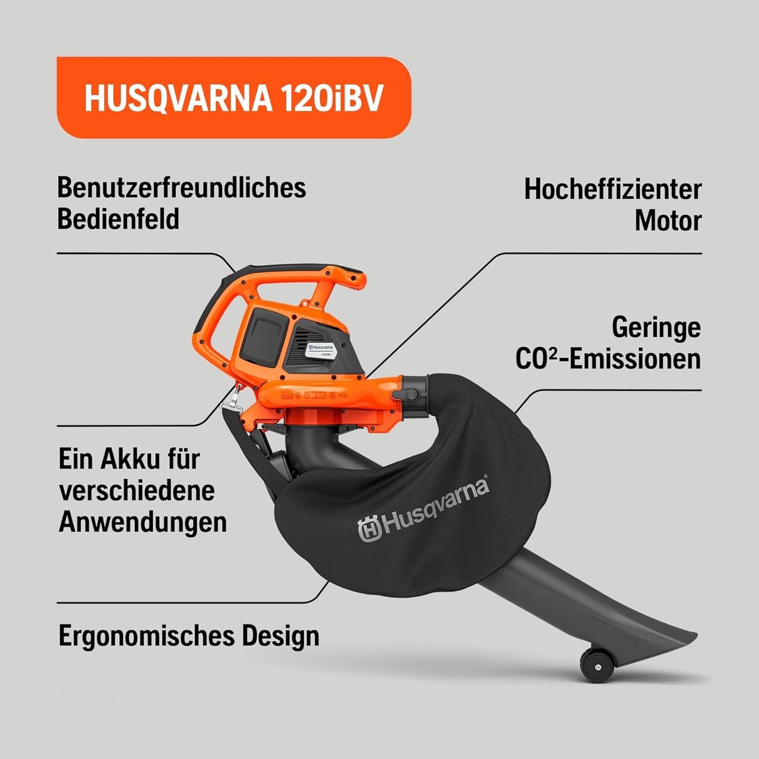 Husqvarna 120iBV Akku-Laubbläser - kabellos 36V, inkl. Akku und Ladegerät, 7,2 N Blaskraft, verstellbare Rohrlänge, bürstenlos, leise und leicht, für die Gartenpflege
