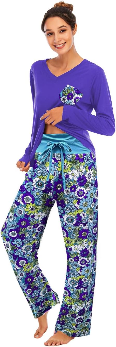 FamulilyWomen Comfy Pajamas, Ladies Pyjamas Set Floral Printing Long Sleeve Loungewear Top and Wide Leg Pants Pjs Set Soft Nightwear Sleepwear