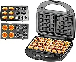 Máquina 3 em 1 Waffle Donuts Biscoito 110v 850W Panquequeira Sanduicheira com Plascas Removíveis