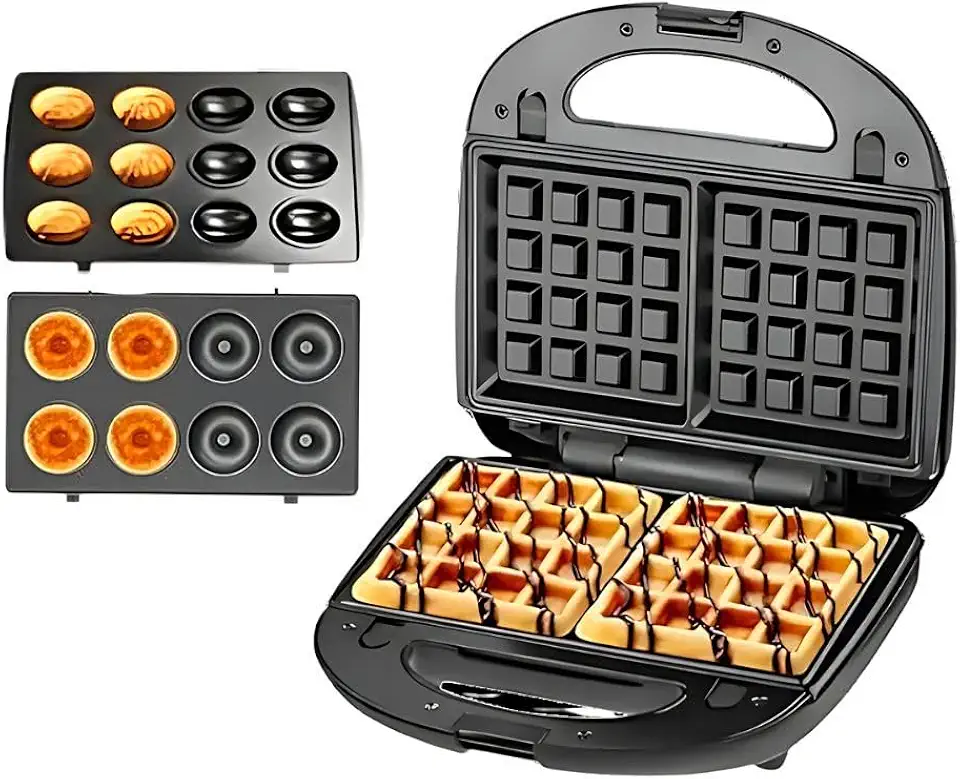 Máquina 3 em 1 Waffle Donuts Biscoito 110v 850W Panquequeira Sanduicheira com Plascas Removíveis