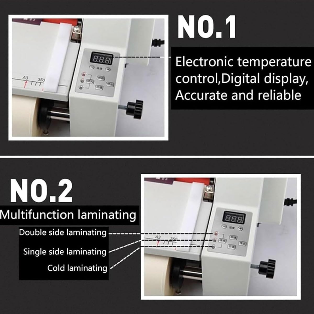 Jednostronny i dwustronny laminator rolkowy, Laminator rolowy na gorąco o średnicy 350 mm z 4 rolkami, Maszyna do laminowania na gorąco na zimno, z regulacją 0-180 ℃, do dokumentów, zdjęć i kart