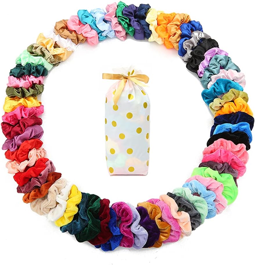 60 Pcs Soft Velvet and Satin Scrunchies for Girls and Women - Silk Elastic Hair Ties and Accessories With Gift Bag