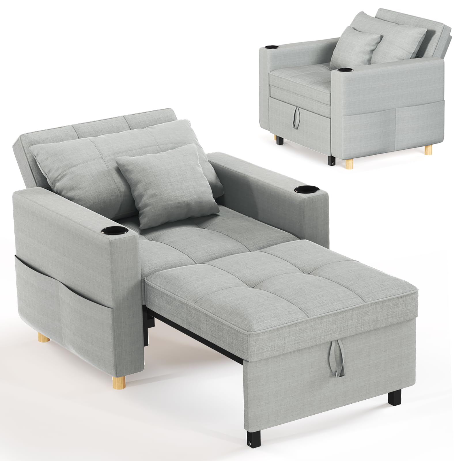 YODOLLA 3-in-1 Pull Out Sleeper Chair Bed 97cm Single Sofa Armchair,Grey — image 1