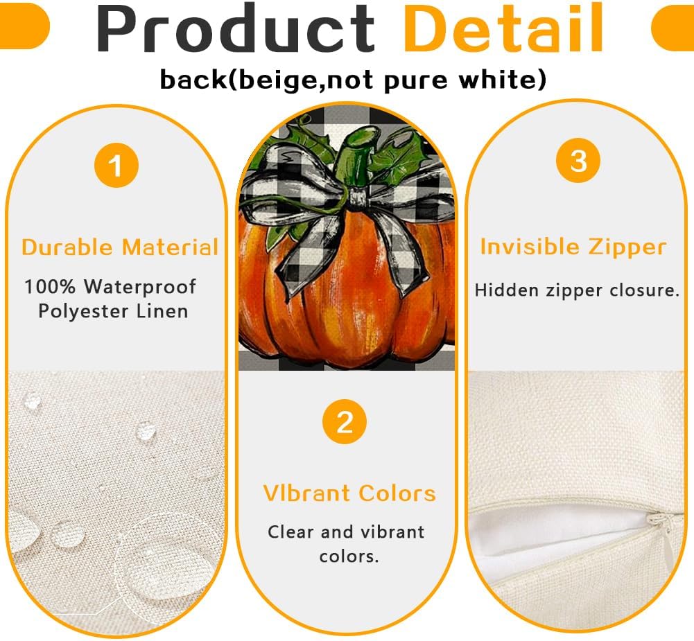 RABUSOFA Outdoor Fall Pillow Covers Waterproof 12x20 Inch,Buffalo Plaid Autumn Pumpkin Bow Decor Thanksgiving Cushion Cases Farmhouse Decoration for Home Couch (Orange, 20" x 12")