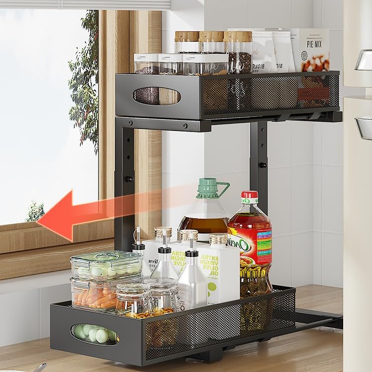 Under Sink Organizer, 2 Tier Kitchen Cabinet Organizer With Pull Out Drawer, Under Sink Storage for Bathroom Kitchen Closet