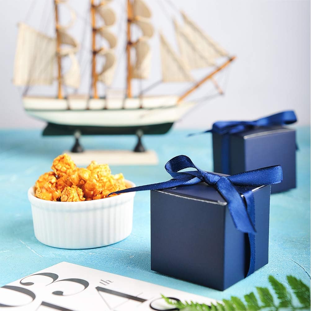 AWELL Navy Blue Gift Candy Box Bulk 2x2x2 inches with Blue Ribbon Party Favor Box,Pack of 50 - Image 4