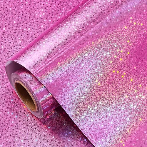WRAPAHOLIC Pink Wrapping Paper Roll - Mini Roll - 17 Inch x 16.5 Feet - Metallic Holographic Star Wrapping Paper for Birthday Wedding Baby Shower Bridal Shower Christmas