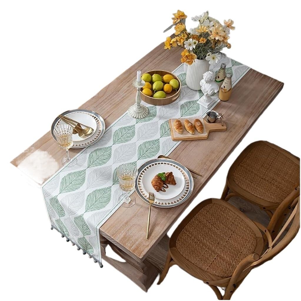 NIUSABOU Kitchen Dining TableDecoration, Table Runner With Tassel Leaf Pattern Multicolor 32x140-300cm(Green,32x160cm (12.5x62.9in))