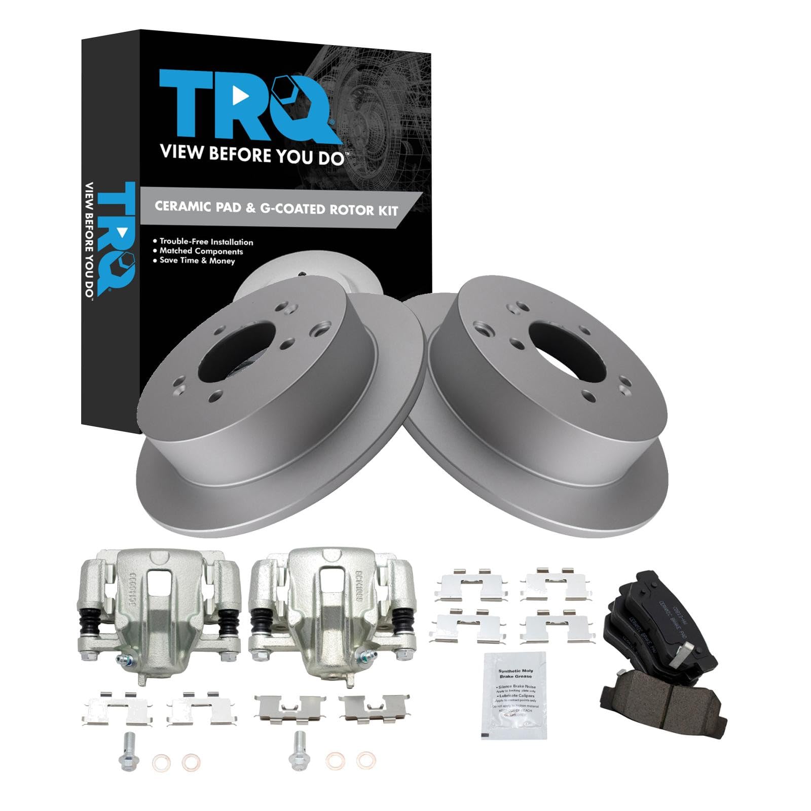 TRQ Rear Brake Pad and Rotor Set Ceramic Solid Rotors Calipers
