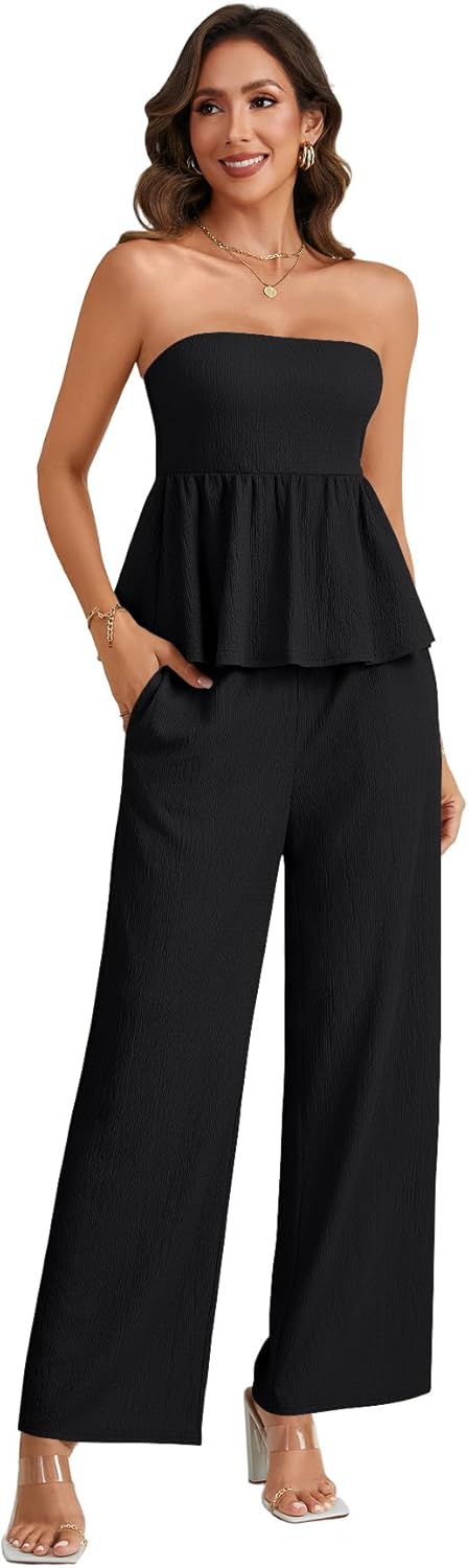 LYANER Women's 2 Piece Outfits Ruffle Hem Tube Top and Wide Leg Pant Sets Suit with Pocket - Image 6