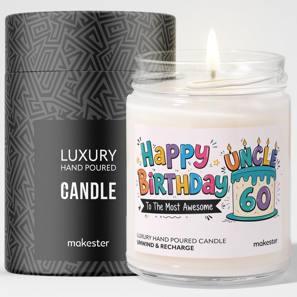 60th Birthday Gift for Uncle - Luxury Soy Wax Candle - Vanilla, Jasmine, Sugared Almond - Makester — image 1