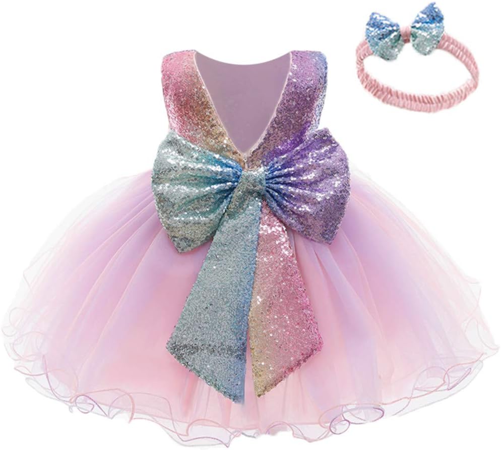 12M-6Y Baby Dress Sequins Bowknot Flower Girls Lace Wedding Pageant Tutu Gown Dresses with Headwear