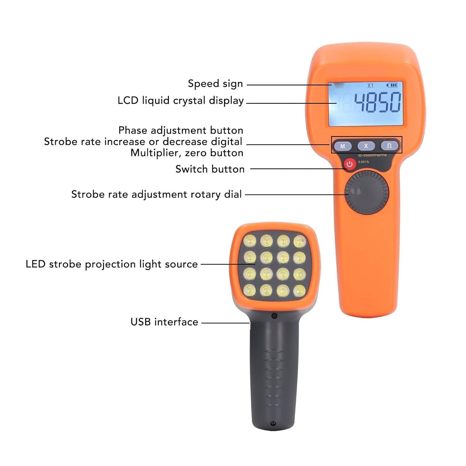 Tacómetro estroboscópico digital, luz estroboscópica recargable sin contacto, rango de 500-99999, brillo de 1500 lx, precisión del 0,001 % para medición de precisión