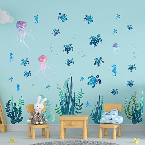 Miniatura 5 de Calcomanías de pared de criaturas oceánicas bajo el mar, tortuga, medusas, algas, calcomanías de pared, decoración para habitación de niños, sala de