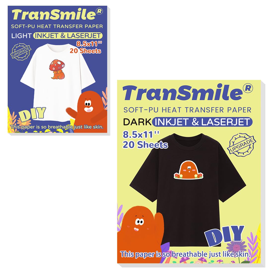 TranSmile Heat Transfer Paper for Inkjet & Laserjet Printer Printable Heat Transfer Vinyl for Dark Fabrics (20 Sheets, 8.5 x 11'')& Printable Heat Transfer Vinyl for Light Fabrics (20 Sheets）