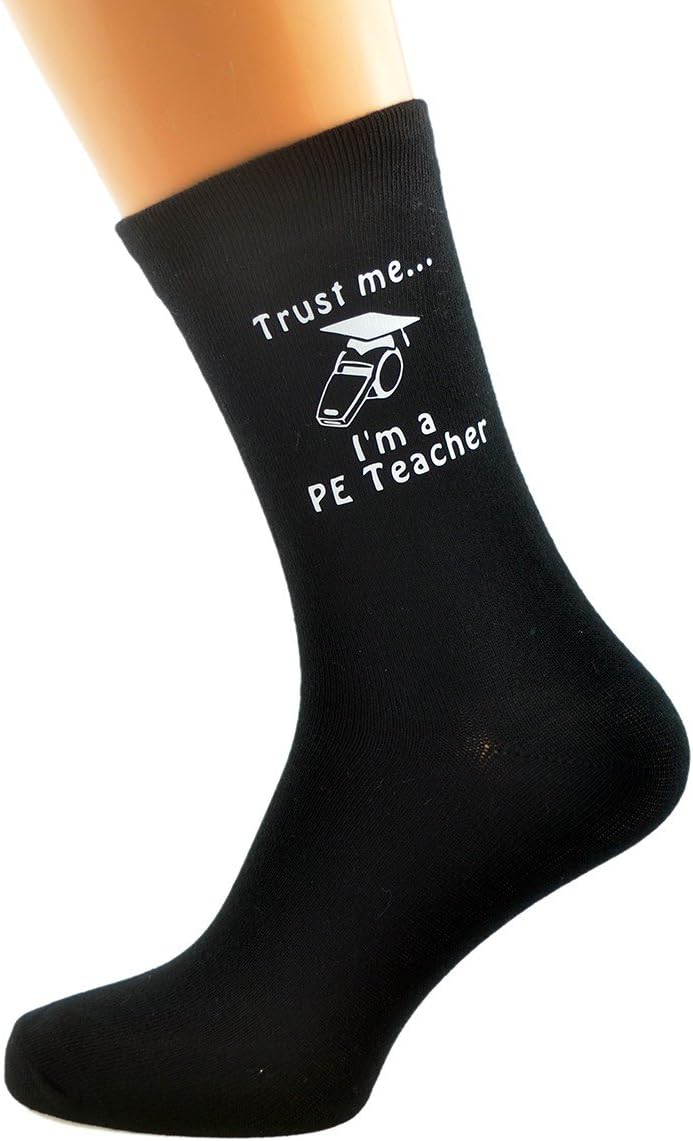 Trust me I'm a PE Teacher & Whistle Image Design Mens Black Cotton Rich Socks