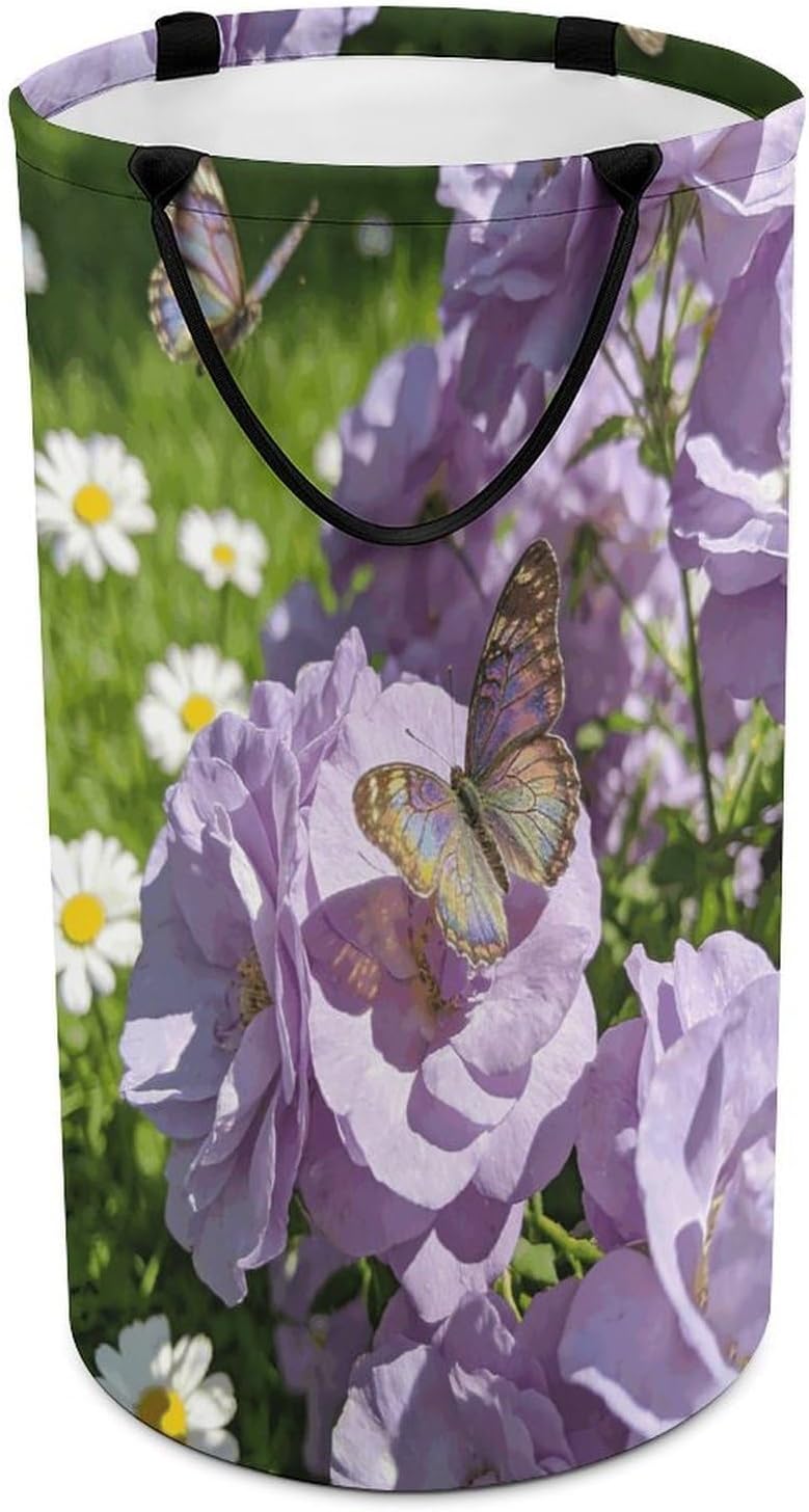 Light Purple Flowers Laundry Hamper Portable Lightweight Clothes Hampers Fashion Dirty Laundry Storage Basket Large Capacity Foldable Clothes Baskets for Bathroom Bedroom