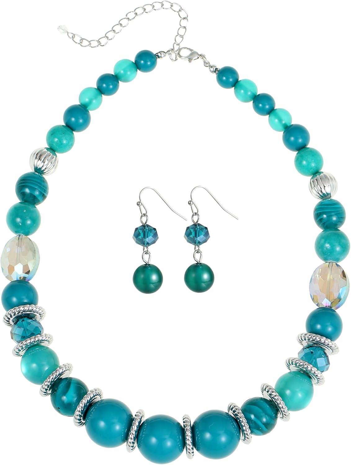 Large Beaded Chunky Statement Necklaces Earrings Set Big Multicolor Crystal Round Stone Strand Choker Necklace Silver Fashion Costume Jewelry Set Gifts for Women