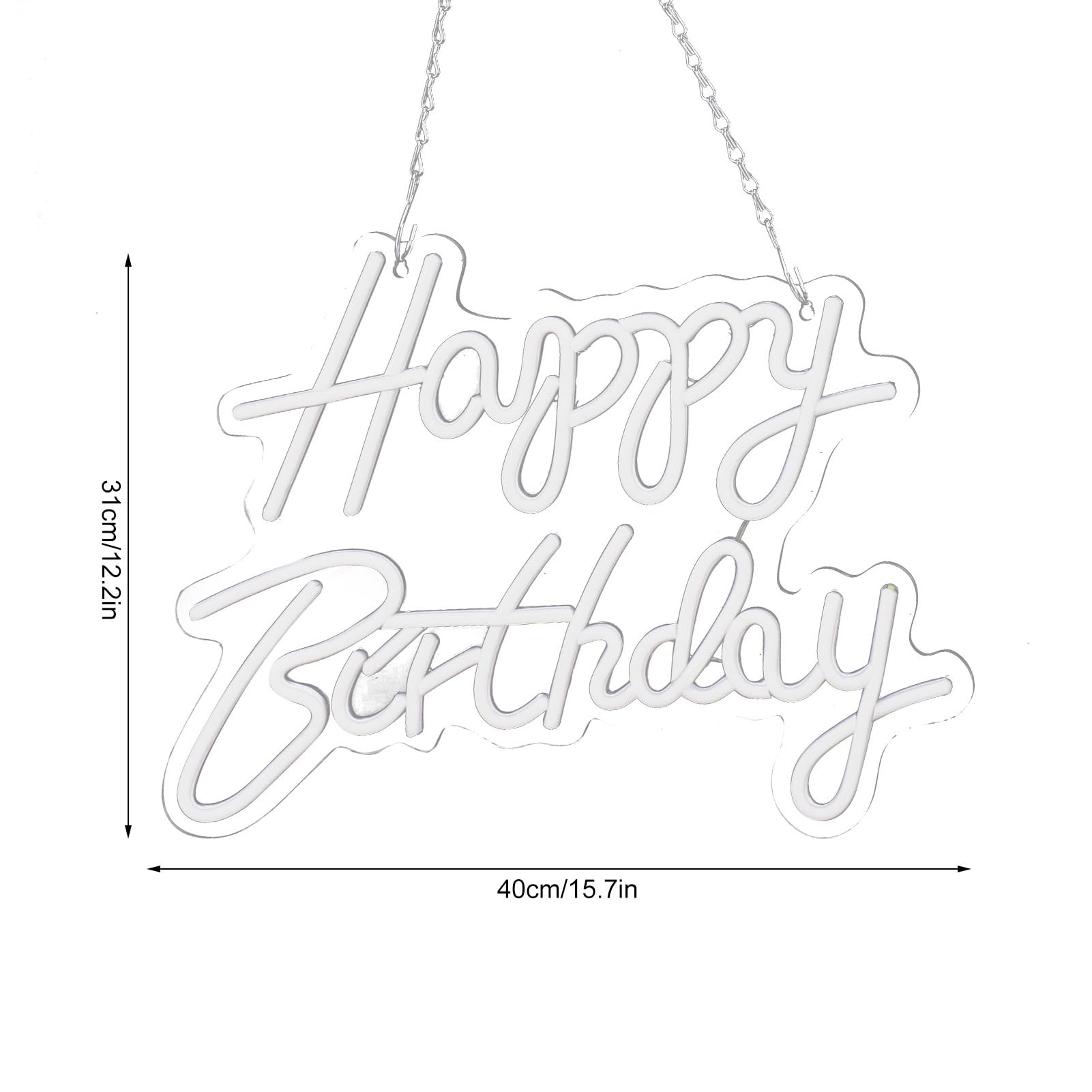 Happy Birthday LED Sign | USB Operated Acrylic Neon Illumination for Wall | Party Decorations for Home/Bar/Restaurant | 40x31cm with Hanging Chain (Cool White)