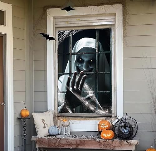 CCINEE Halloween Window Decorations Female Ghost Curtain Fabric Window Door Cover Scary Decor for Halloween Party Decorations Indoor Outdoor
