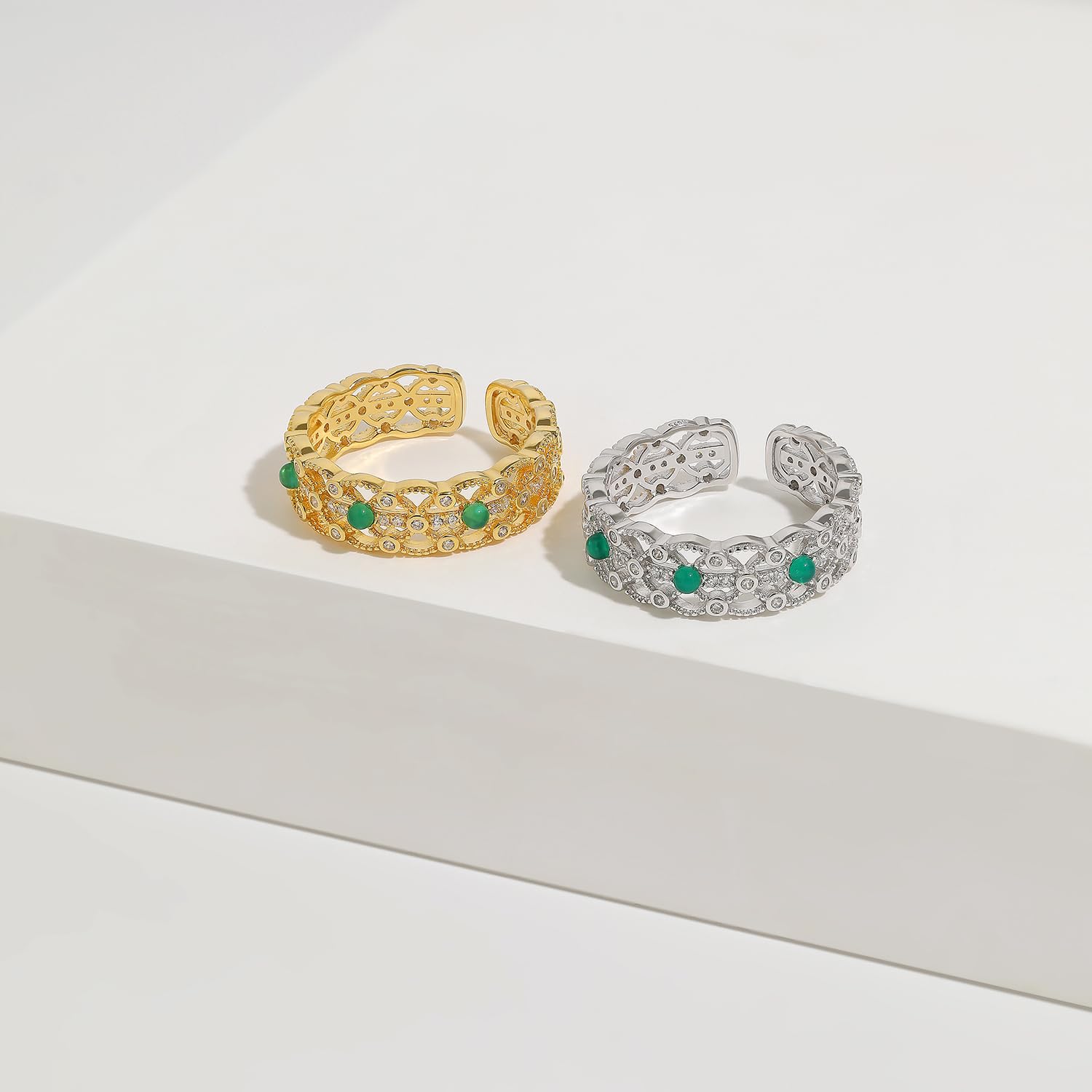 Meissa Anelli in Argento Sterling per Donne, Design Vintage con Tocco Lace e Feitsui Verde, Anelli Spessi Regolabili, Gioiello di Lusso con Scatola Regalo, Argenteo