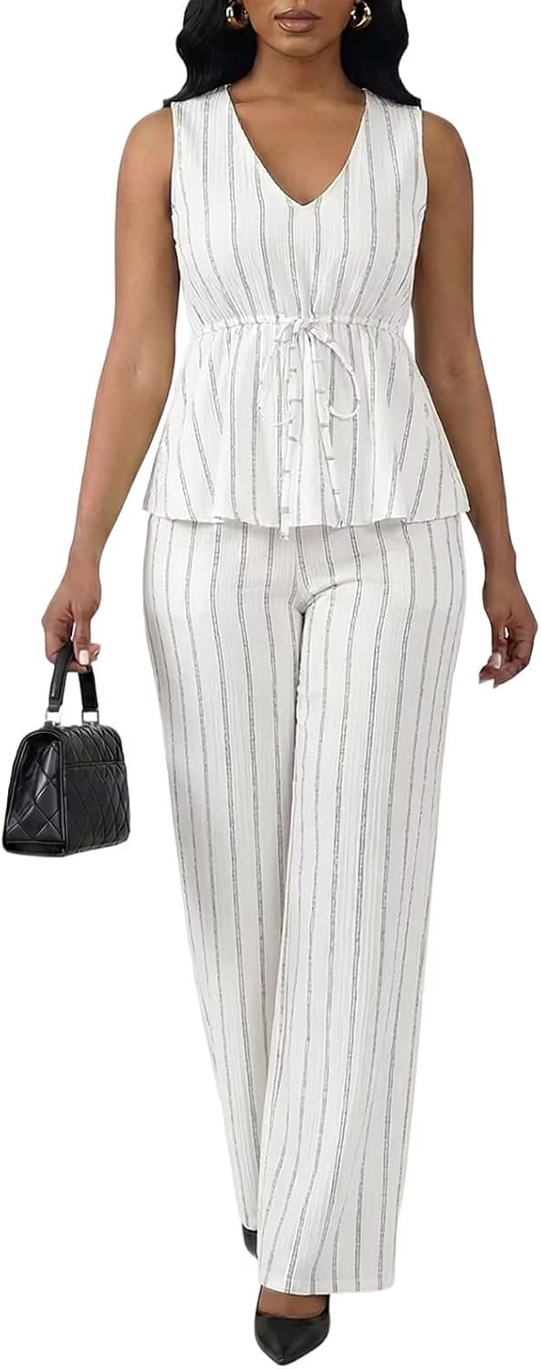 Ekaliy Women’s 2 Piece Outfit V Neck Sleeveless Top Matching Wide Leg Pants with Pockets Casual Travel Lounge Sets
