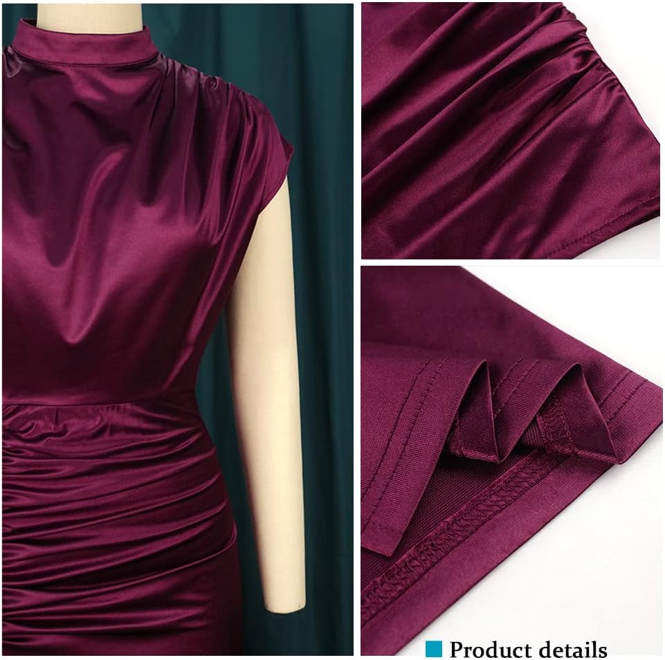 AOMEI Women's Cap Sleeve High Waist Ruched Slit Slim Elegant Long Satin Formal Dress - Image 5