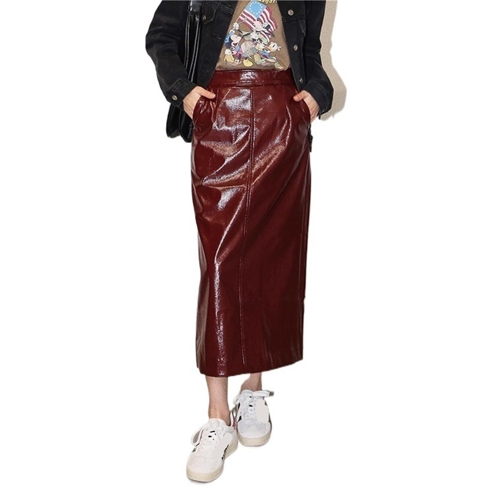 Falda Corta Mujer Falda de Tubo a Media Pierna Cuero PU Charol Reflectante Falda Larga Cintura Alta for Mujer