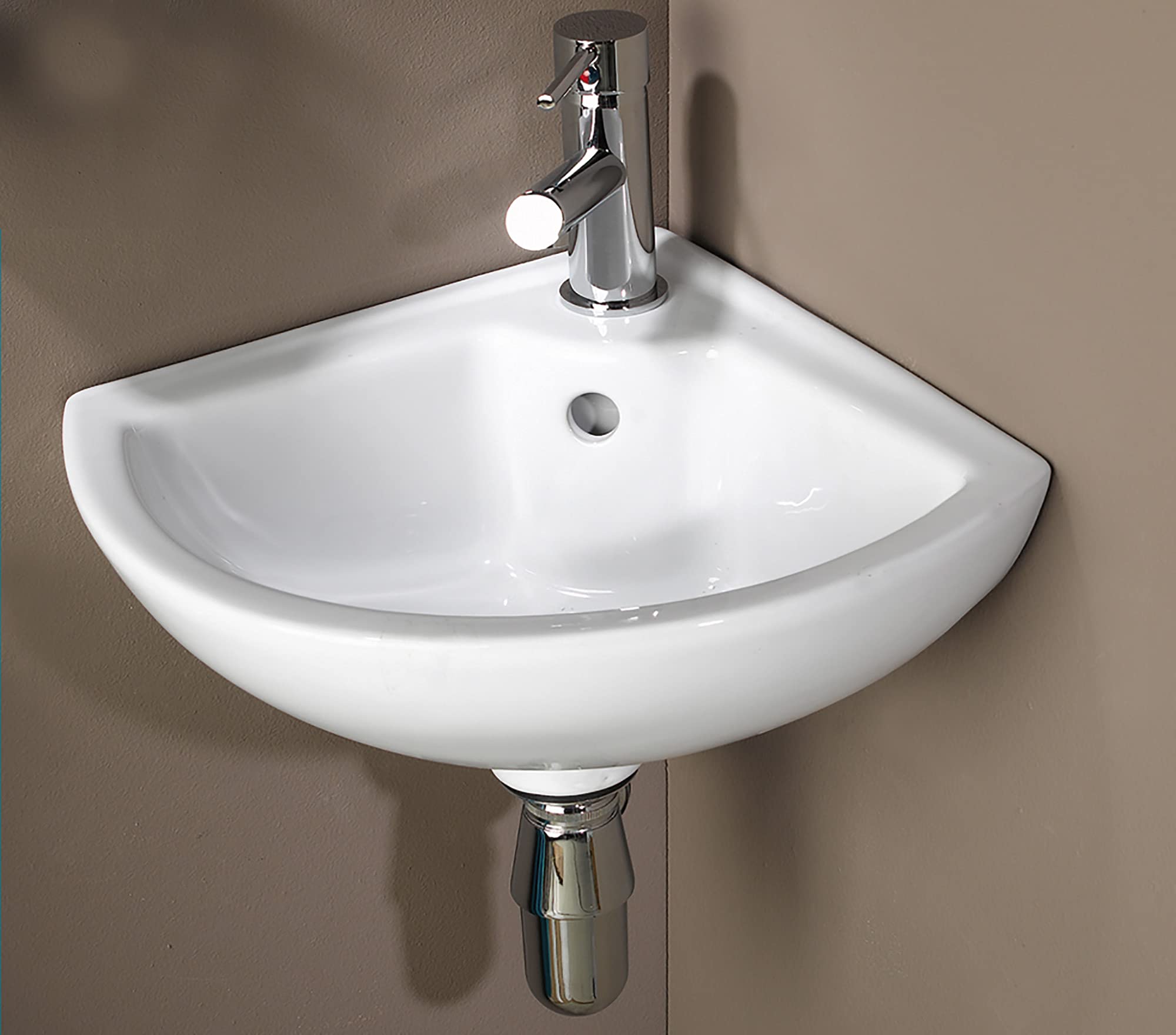 Lave-mains à suspendre PIVOINE Blanc 46cm angle espace vasque | Livré sans bonde, optimisé, trop plein trou robinetterie, vidage, Installation simple et rapide, finition soignée