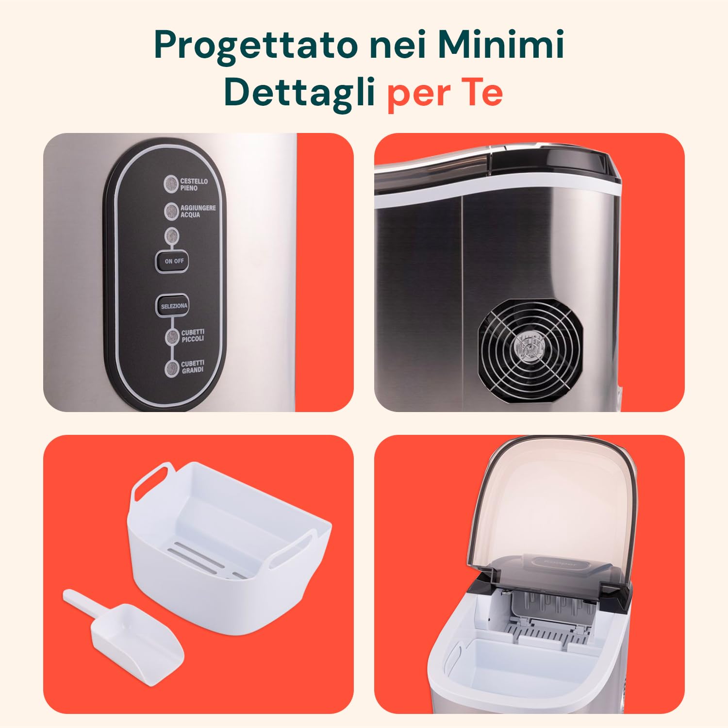Wintem - Macchina Ghiaccio 15Kg/24h 105W in Acciaio Inox con Cubetti in 2 Misure per Bevande e Cocktail, Uso Domestico e Professionale, Rapida Produzione in 6 Minuti, Bassa Rumorosità