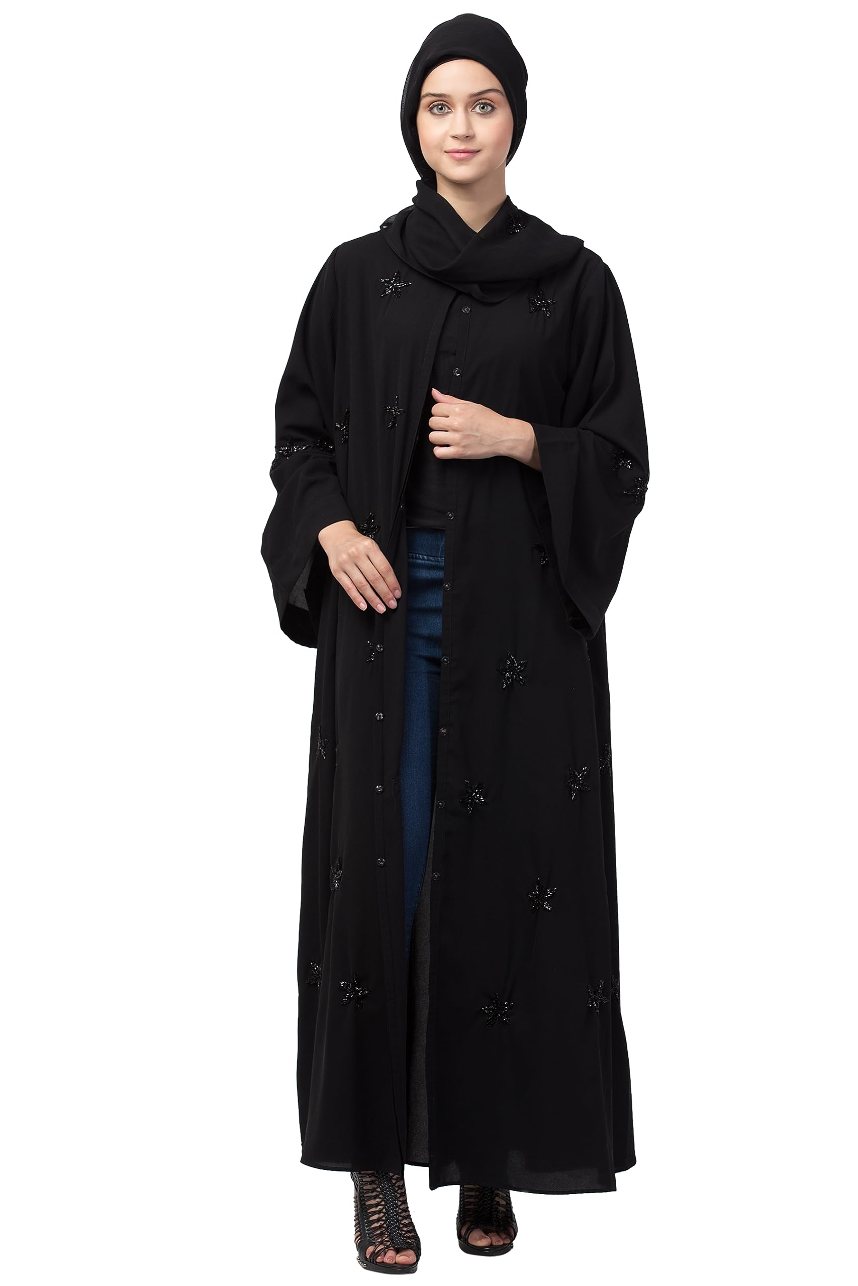 All over Star embroidery bell sleeve Abaya-image-18