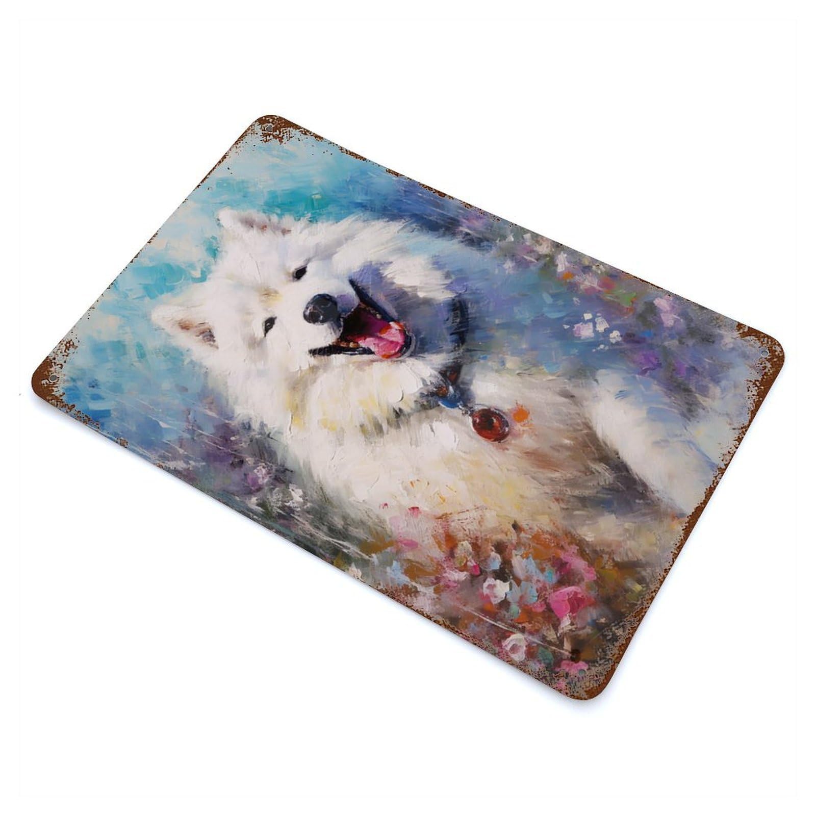 Weathered Tin Sign with Palette Samoyed Painting Design 11.8"x7.9", for Basement, Hobby Room And Garage Decor, Industrial Home Decor
