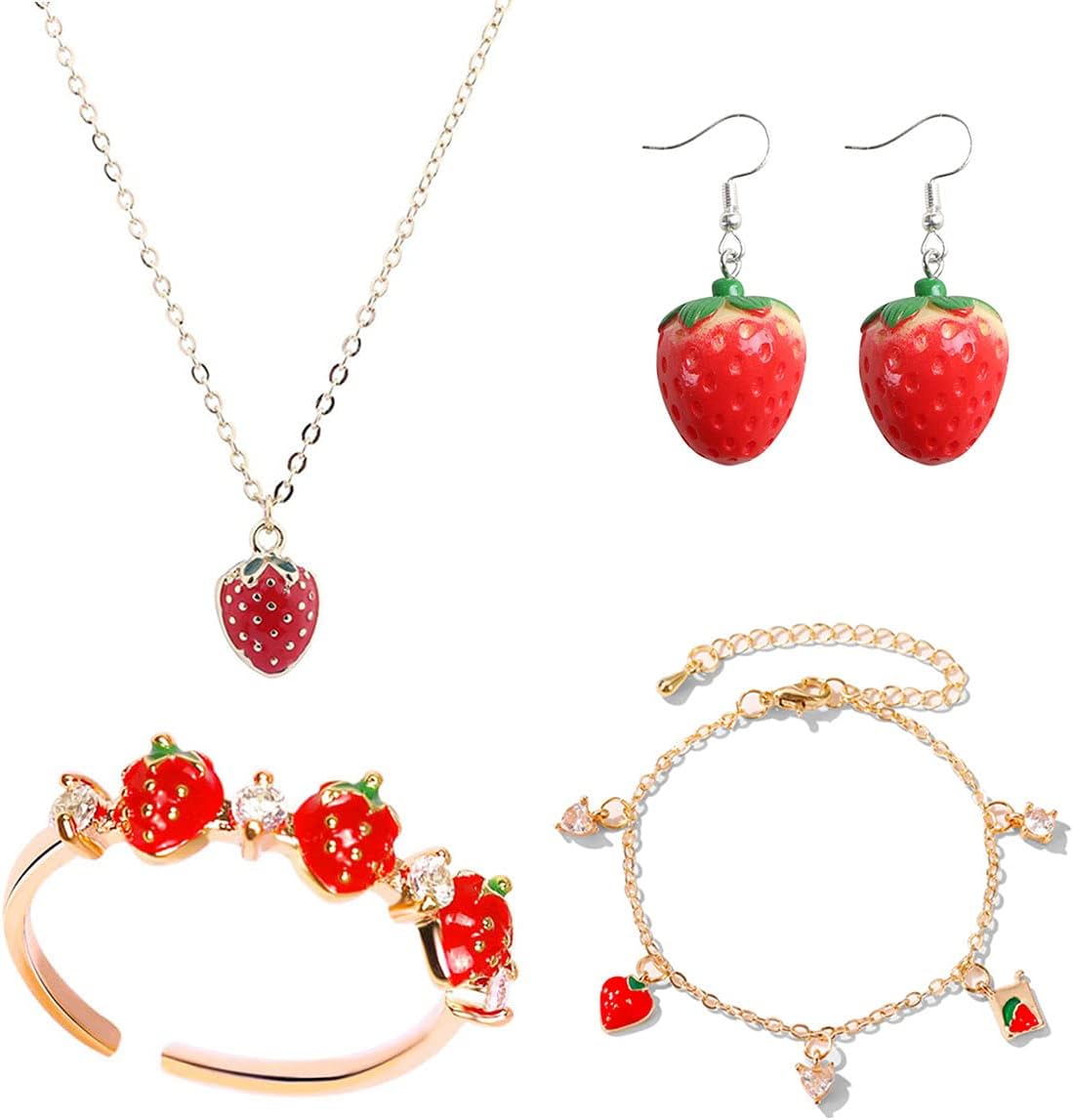 FUTIMELY 4 Pcs Strawberry Jewelry Set for Women Teen Girls - Necklace, Earrings, Ring, Bracelet - Cute Food Fruit Charm Gift