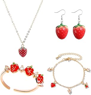 4 Pcs Strawberry Jewelry Set for Women Teen Girls Red Strawberry Necklace, Strawberry Earrings, Strawberry Ring, Strawberry Bracelet Cute Food Fruit Charm Jewelry Gift