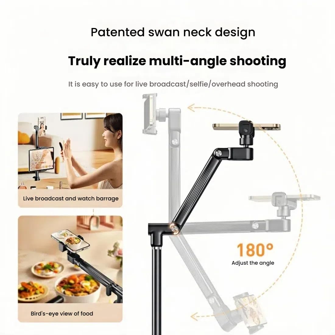 Trípode para teléfono, 82 pulgadas de alto, ajustable y estable, cuello de cisne flexible que puede disparar en la parte superior y multiángulo, para grabación de vídeo/selfies/transmisión en vivo