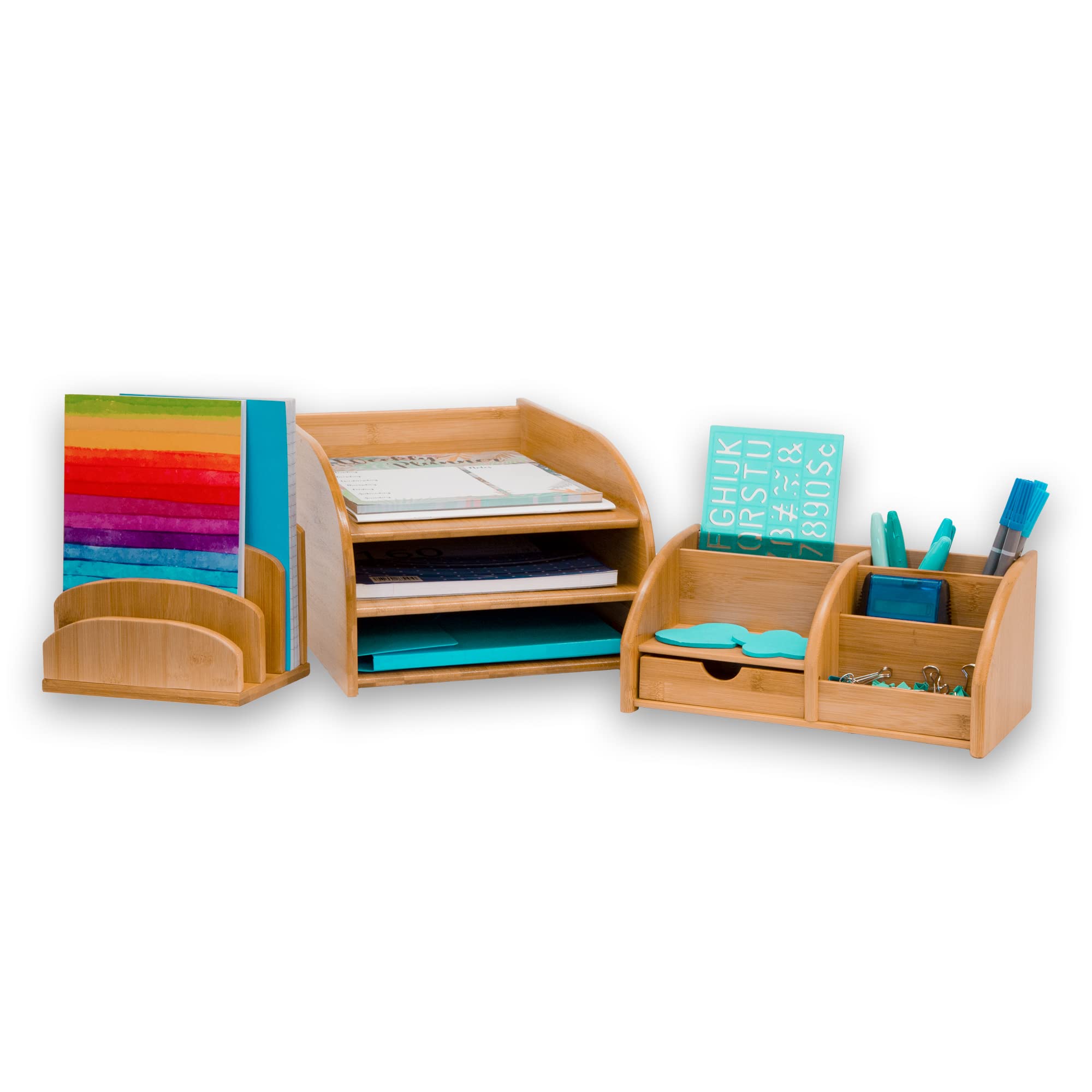Osco Bamboo Office Set | 3 Piece Set | Includes Three Tier Letter Tray, Desk Organiser & Letter Holder