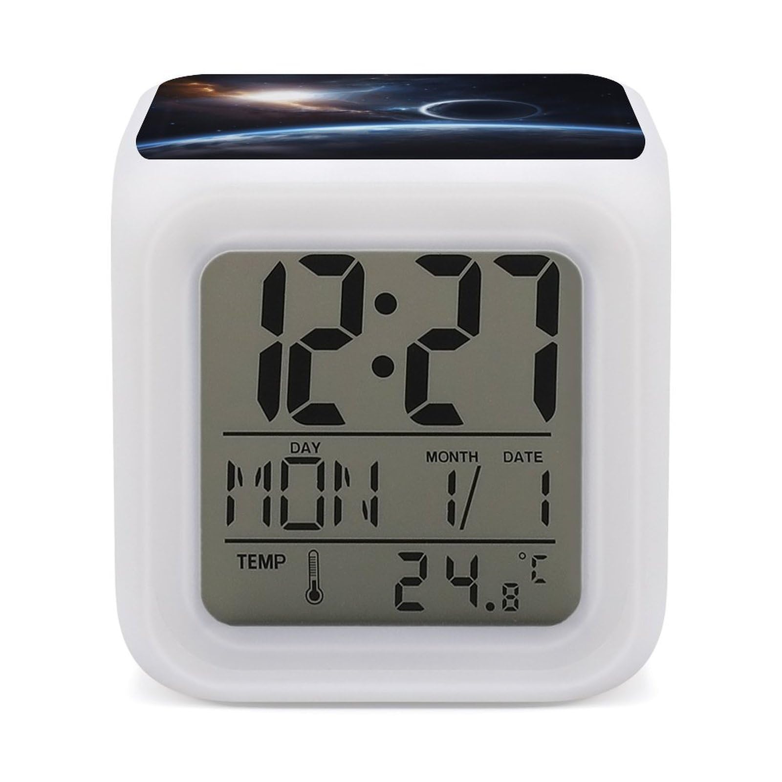 DWVTSLH Planet Alarm Clock with 7 Color Changing Night Light, Wake Up Digital Clock for Bedroom, Bedside Cube Clock with Date, Temperature, Battery Operated Desk Clock Gift